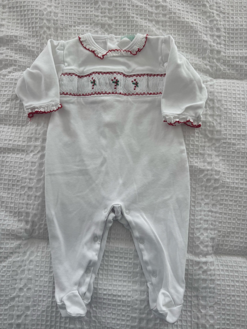 Holiday White Footie with Red Smocked Trim